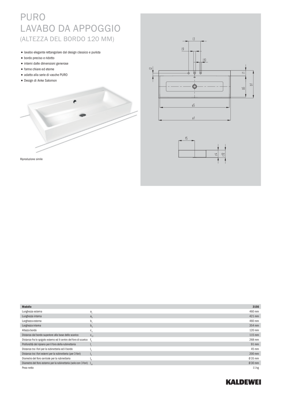 KALDEWEI PURO LAVABO DA APPOGGIO 120mm