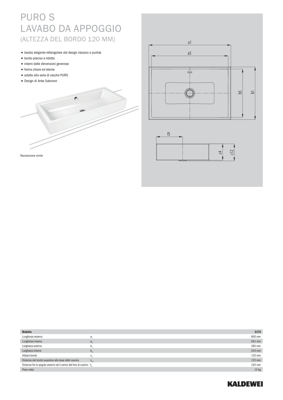 KALDEWEI PURO S LAVABO DA APPOGGIO 120mm