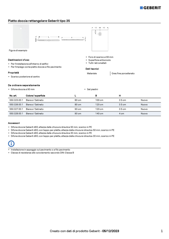 GEBERIT PIATTO DOCCIA TIPO 35 80X100