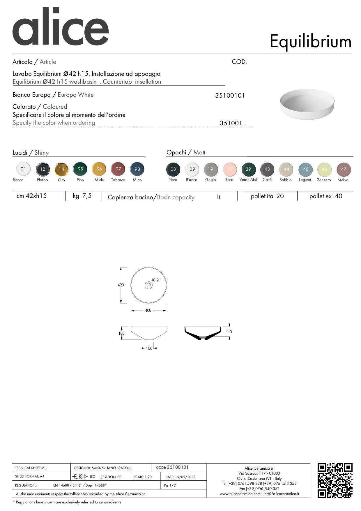 ALICE CERAMICA LAVABO EQUILIBRIUM 42 H15