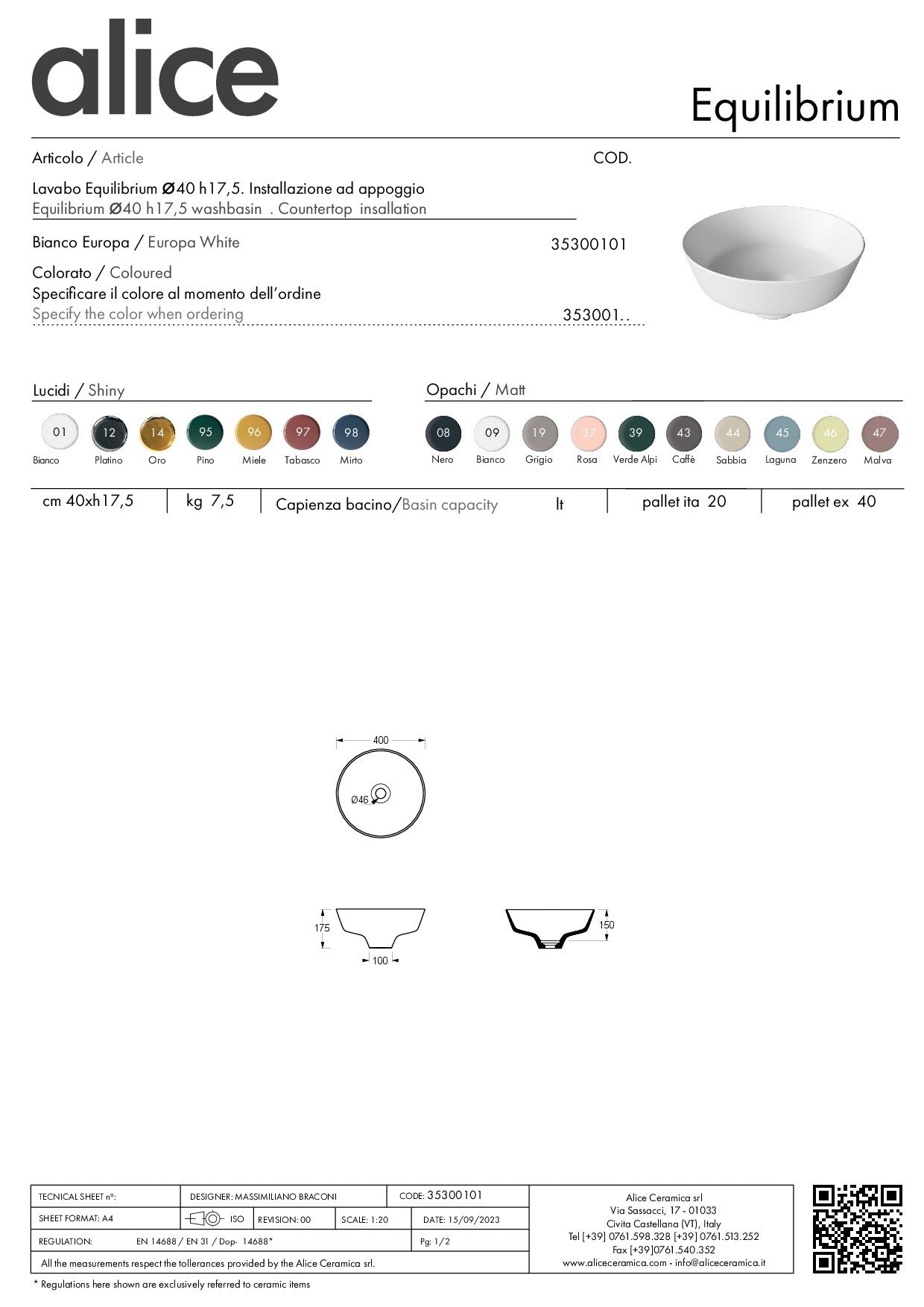 ALICE CERAMICA LAVABO EQUILIBRIUM 42 H17,5
