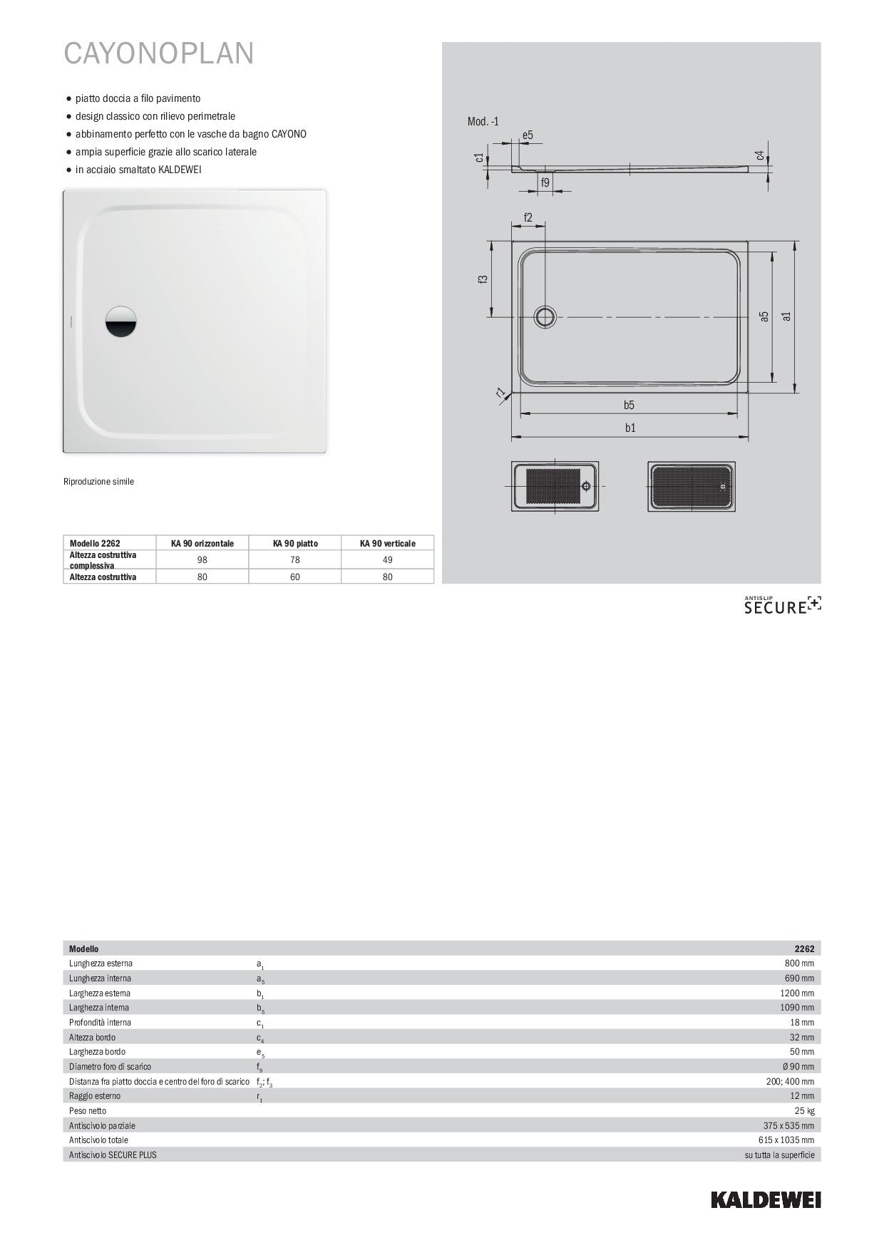 KALDEWEI PIATTO DOCCIA CAYONOPLAN 80X120
