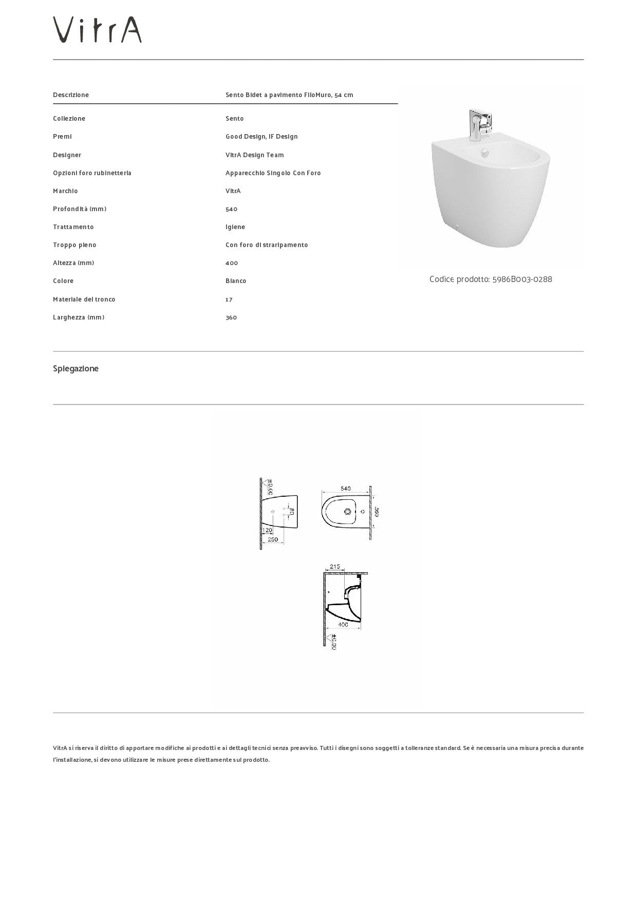 VITRA BIDET SENTO