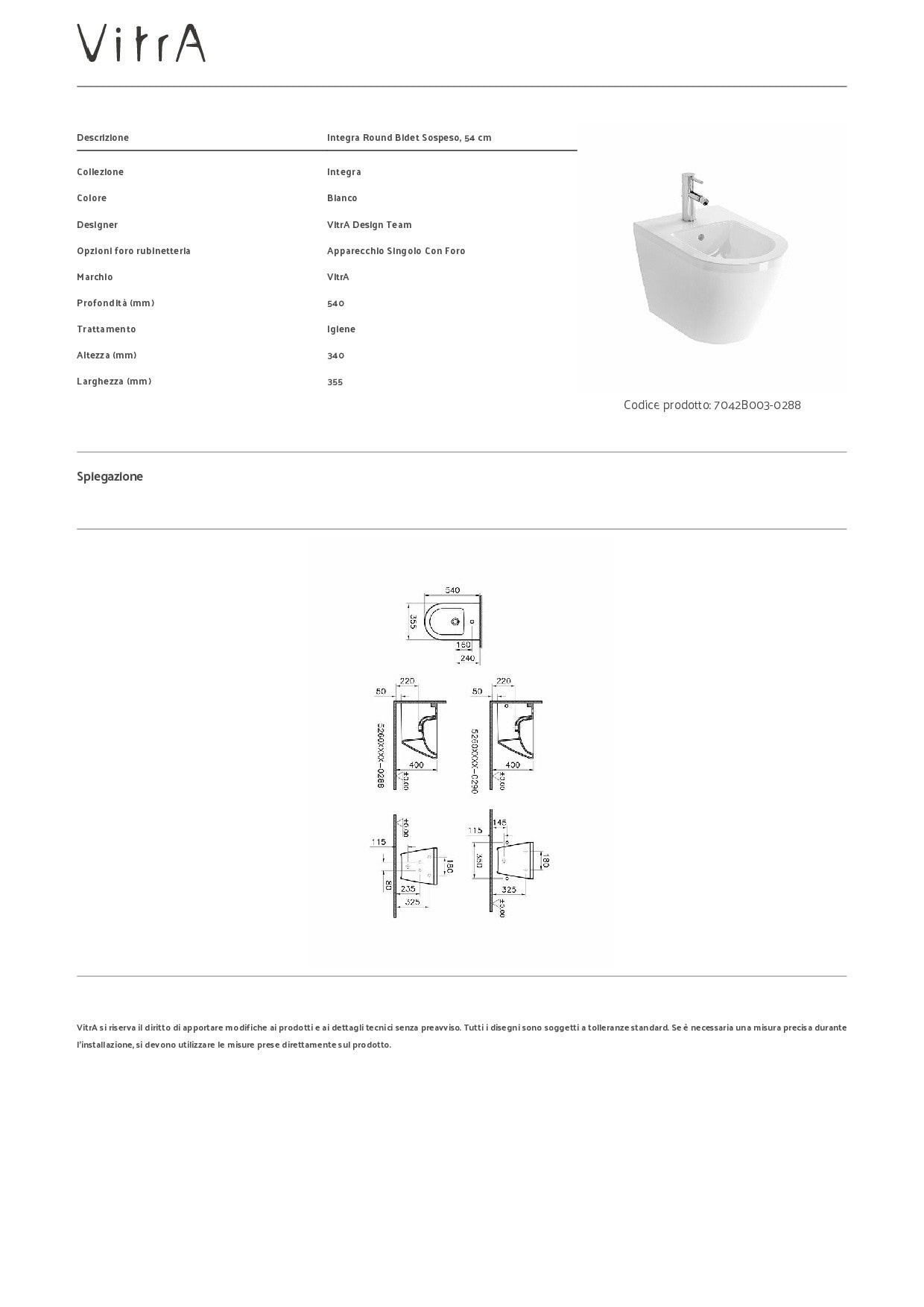 VITRA BIDET SOSPESO INTEGRA ROUND