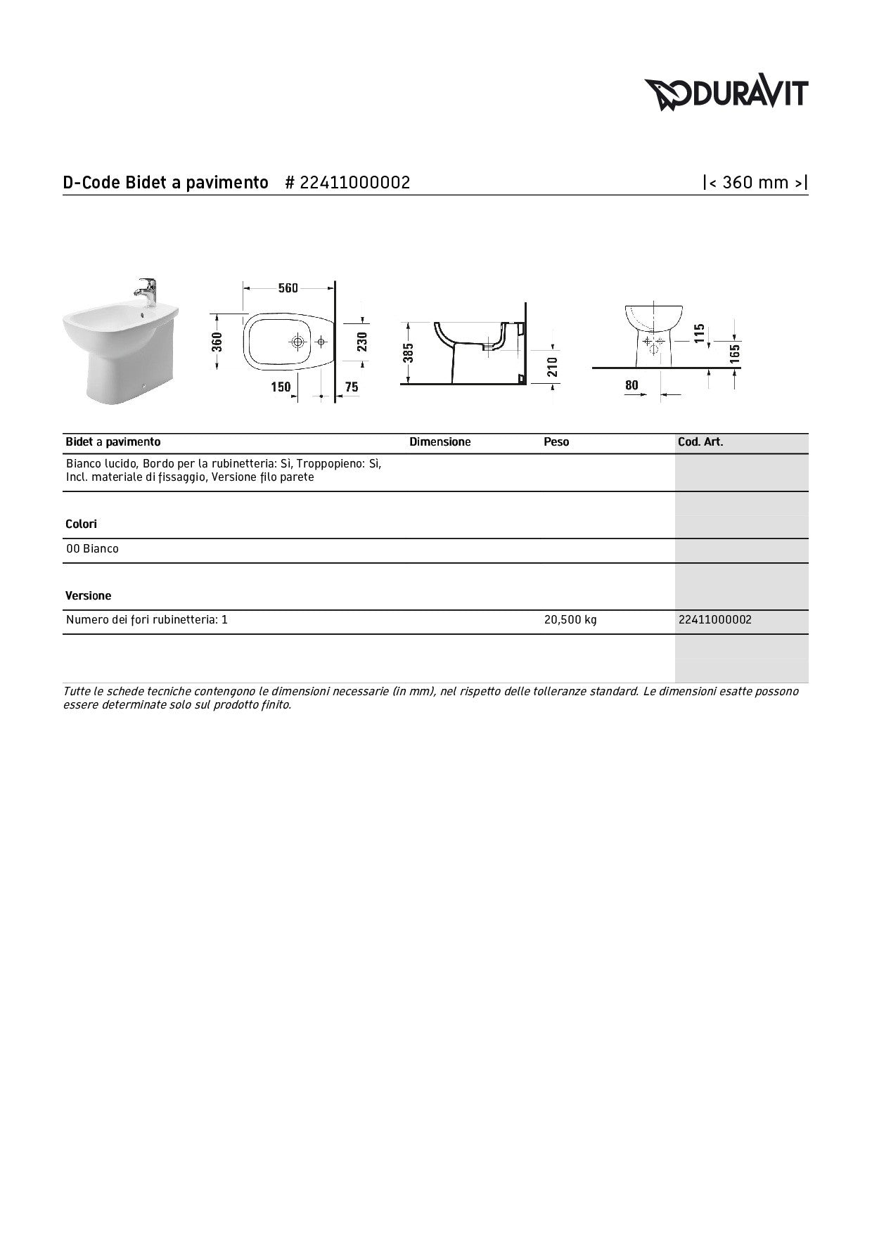 DURAVIT D-CODE SET VASO A PAVIMENTO C/COPRIVASO SOFT-CLOSE + BIDET
