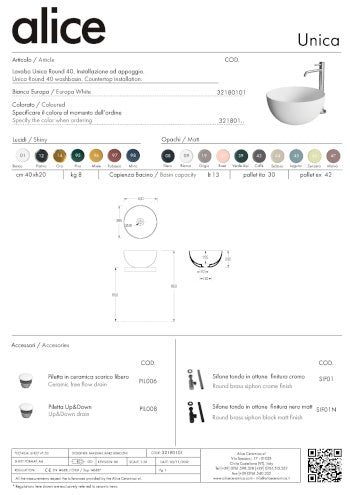 ALICE CERAMICA LAVABO UNICA ROUND 40 h20