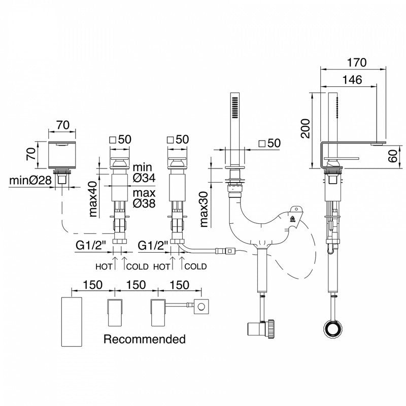 TREEMME 5MM GRUPPO BORDO VASCA 4 FORI CON DOCCETTA ESTRAIBILE