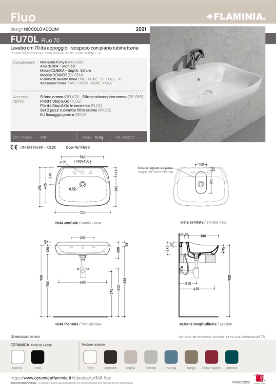 FLAMINIA FLOU 70 LAVABO DA APPOGGIO E PARETE