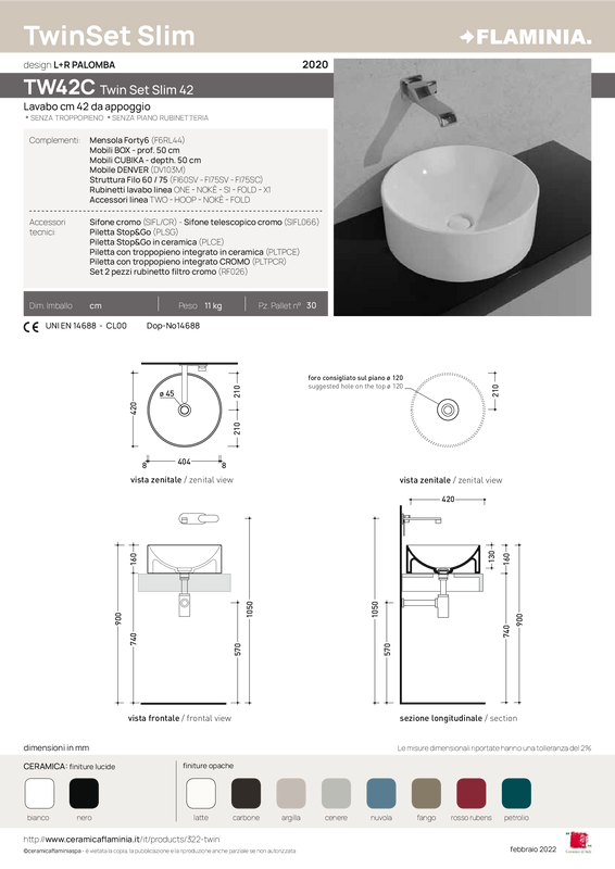 FLAMINIA TWIN SET SLIM 42 LAVABO DA APPOGGIO