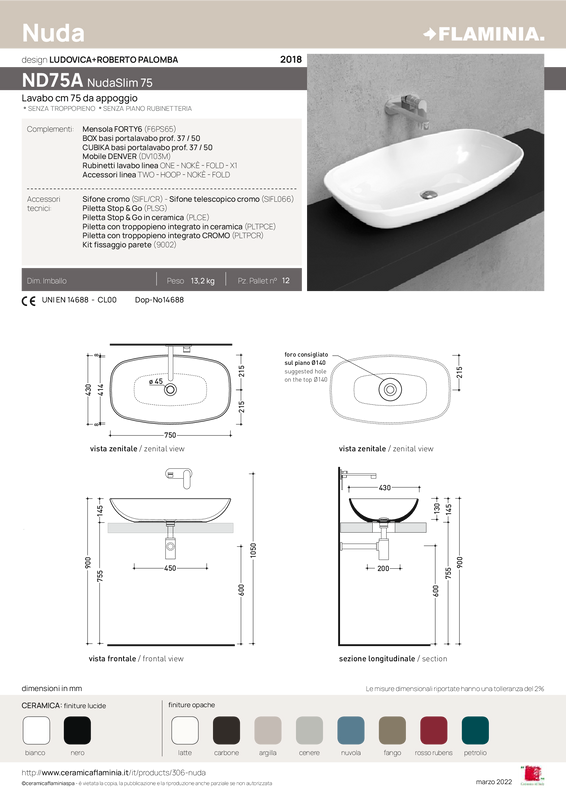 FLAMINIA NUDASLIM 75 LAVABO DA APPOGGIO