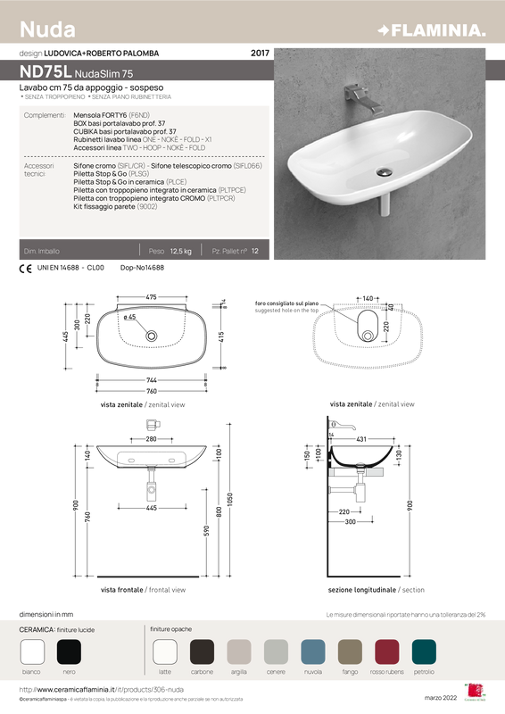 FLAMINIA NUDASLIM 75 LAVABO DA APPOGGIO-SOSPESO