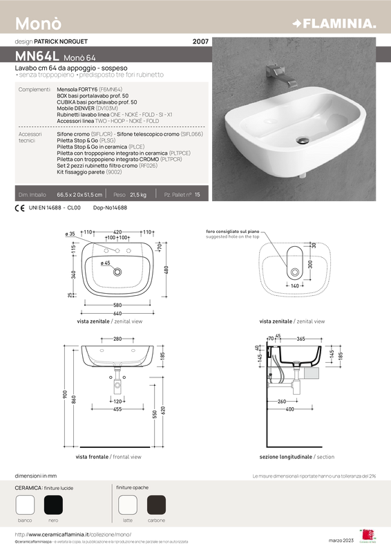 FLAMINIA MONÒ 64 LAVABO DA APPOGGIO-PARETE